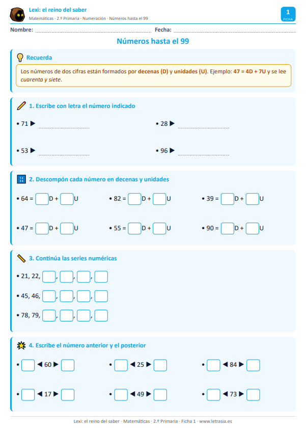 Ficha 1. Números hasta 99 (fichas de matemáticas)