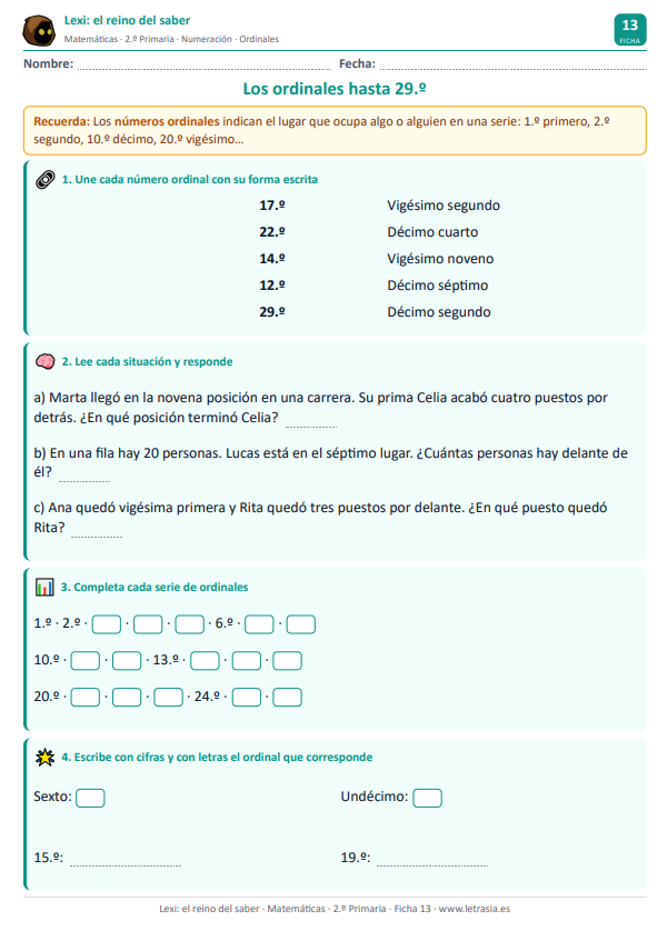 Ficha 13. Los números ordinales 