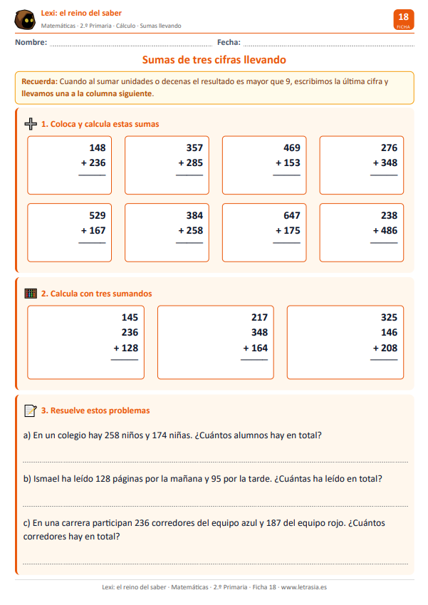 Ficha 18. Sumas de 3 cifras 