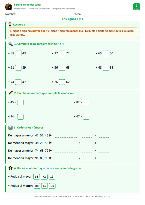 Ficha 2. Signos mayor que y menor que (fichas de matemáticas)