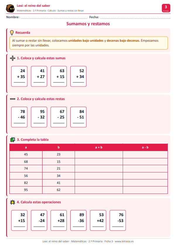 Ficha 3. Sumas y restas (fichas de matemáticas)