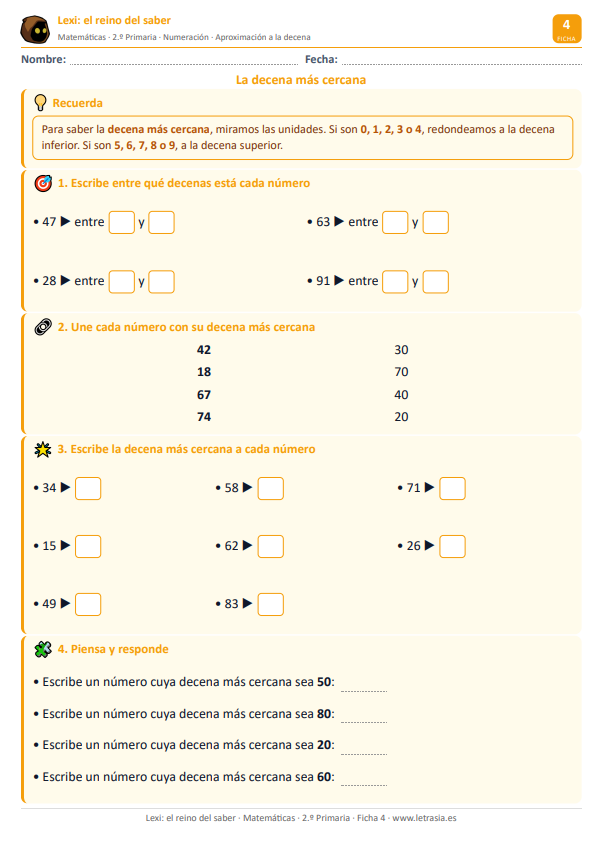 Ficha 4. decena cercana (fichas de matemáticas)