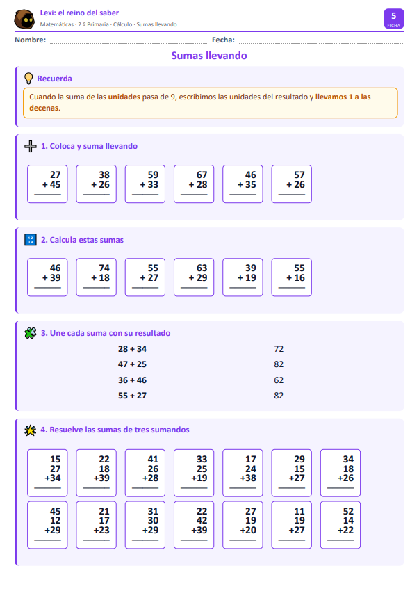 Ficha 5. Sumas llevando (fichas de matemáticas)