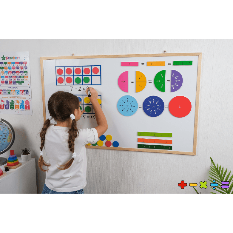 Niña colocando piezas en un tablero de matemáticas con sumas y fracciones
