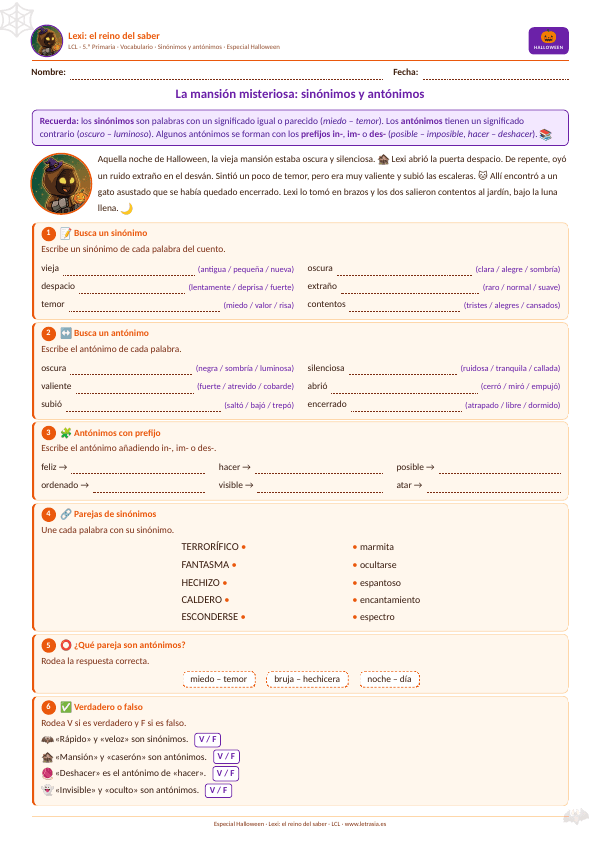 Ficha de Halloween de Lengua para 5.º de Primaria: La mansión misteriosa: sinónimos y antónimos