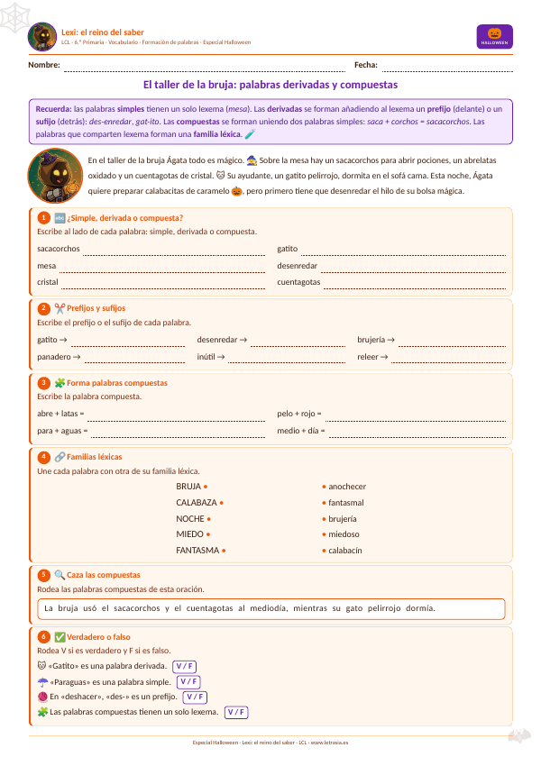 Ficha de Halloween de Lengua para 6.º de Primaria: El taller de la bruja: palabras derivadas y compuestas