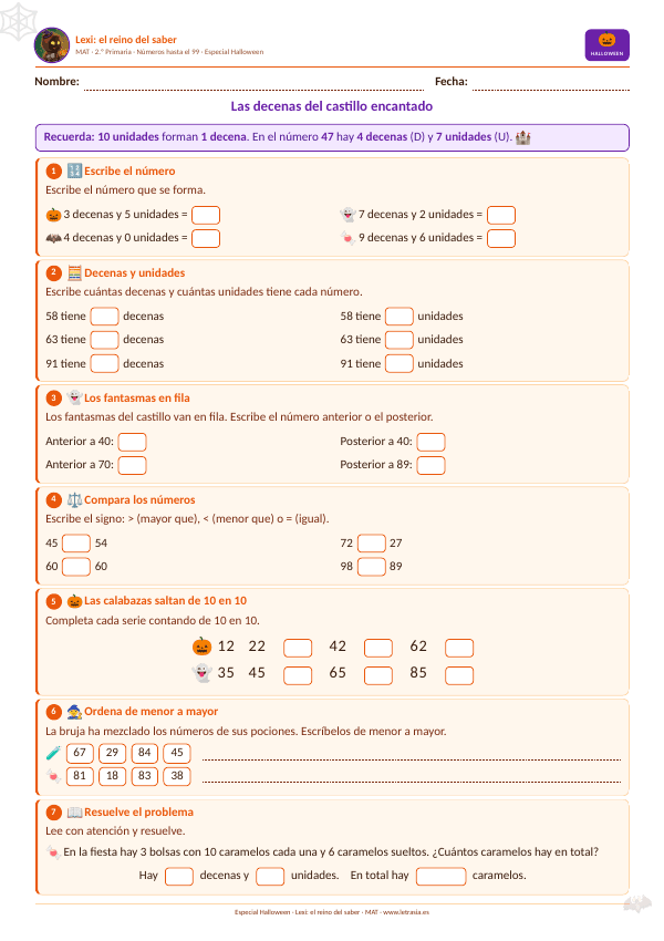 Ficha de Halloween de Matemáticas para 2.º de Primaria: Las decenas del castillo encantado