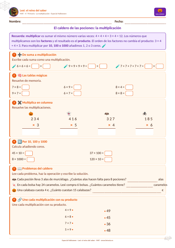 Ficha de Halloween de Matemáticas para 4.º de Primaria: El caldero de las pociones: la multiplicación