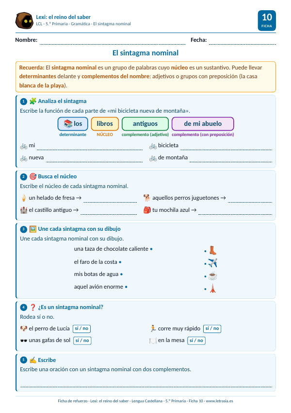 Ficha de Lengua de 5.º de Primaria sobre el sintagma nominal con bloques de colores y dibujos