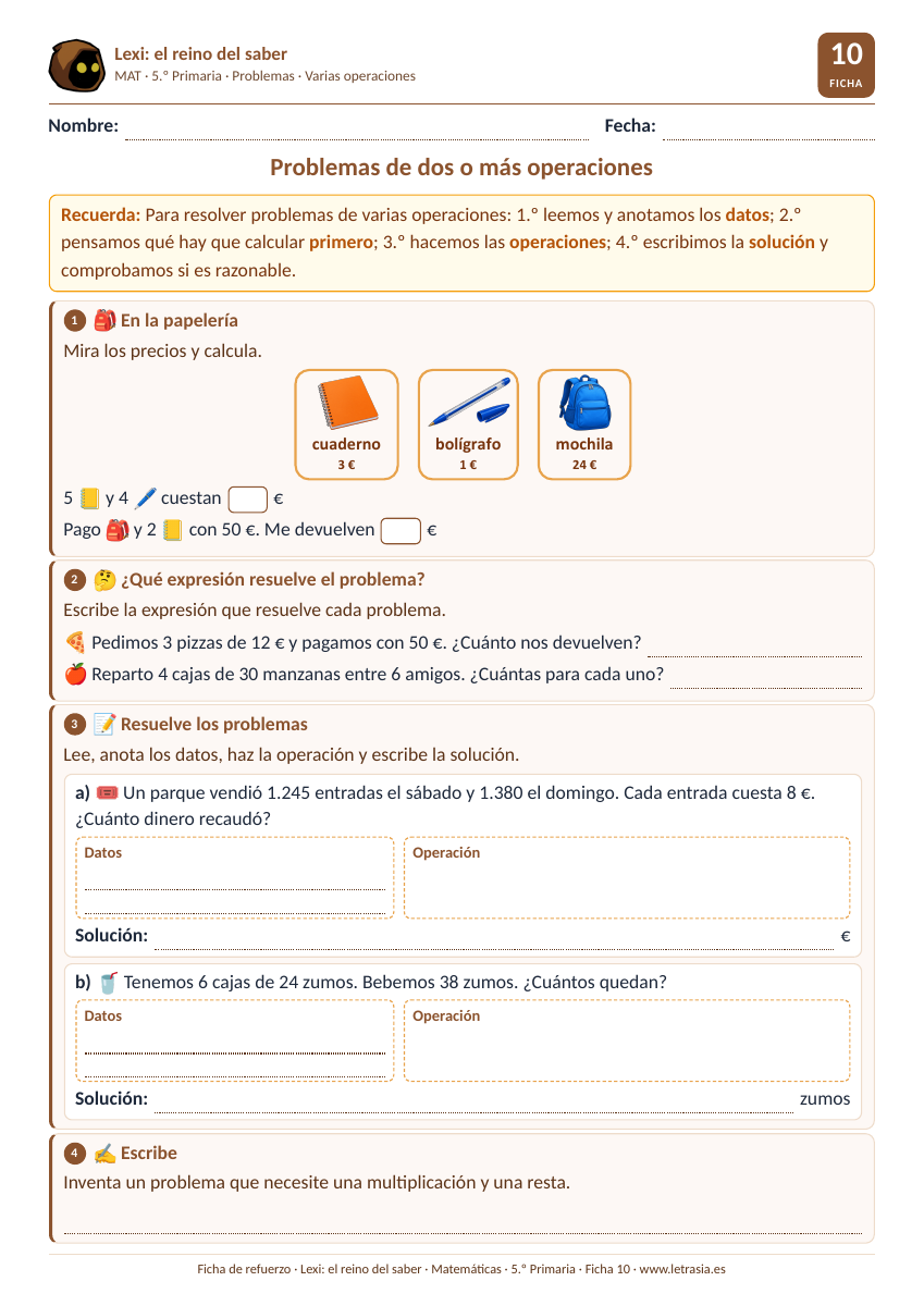 Ficha de Matemáticas de 5.º de Primaria sobre problemas de dos o más operaciones con precios de una papelería