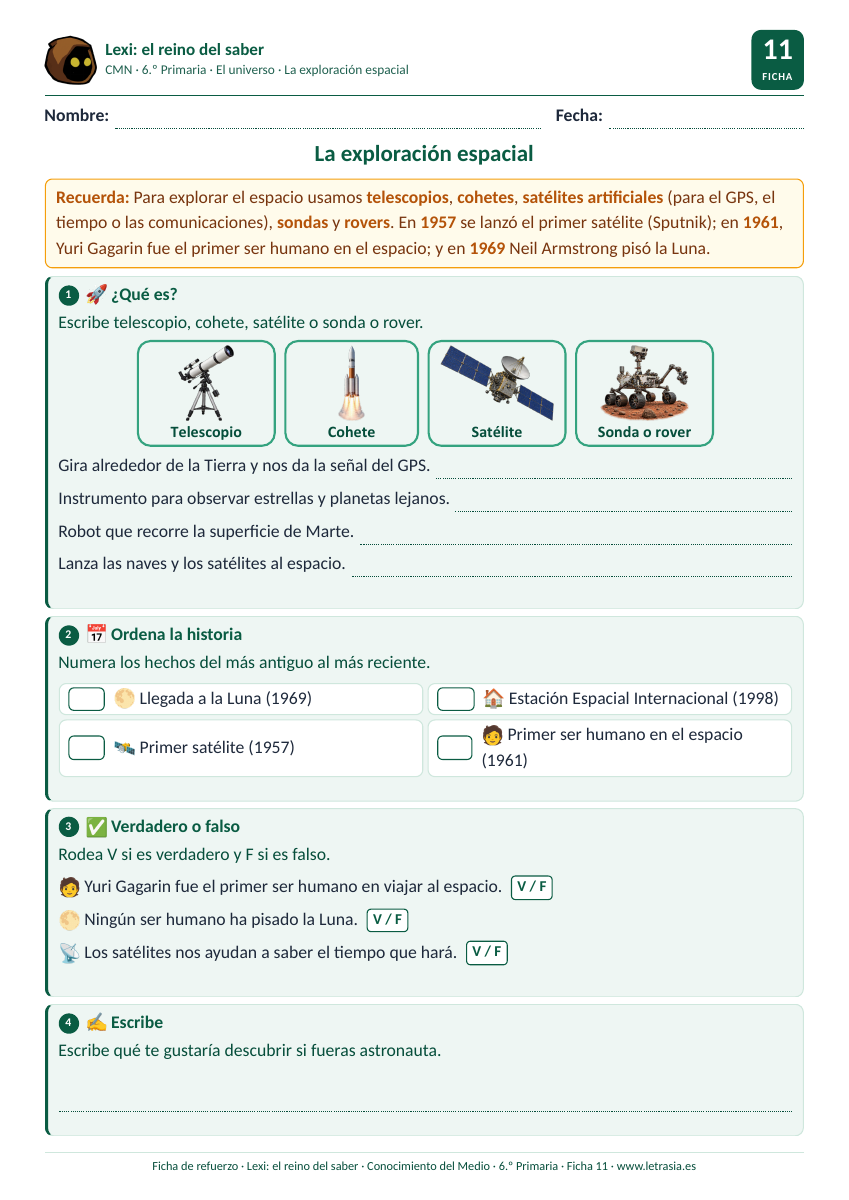 Ficha de Conocimiento del Medio de 6.º de Primaria sobre la exploración espacial con tarjetas de telescopio, cohete, satélite y rover y la historia de la carrera espacial