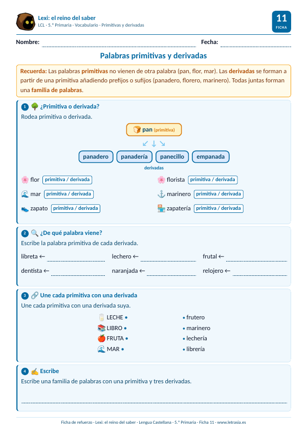 Ficha de Lengua de 5.º de Primaria sobre palabras primitivas y derivadas con un árbol de la familia de «pan»