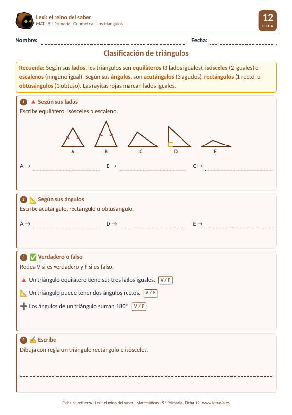 Ficha de Matemáticas de 5.º de Primaria sobre la clasificación de triángulos según sus lados y sus ángulos con triángulos dibujados