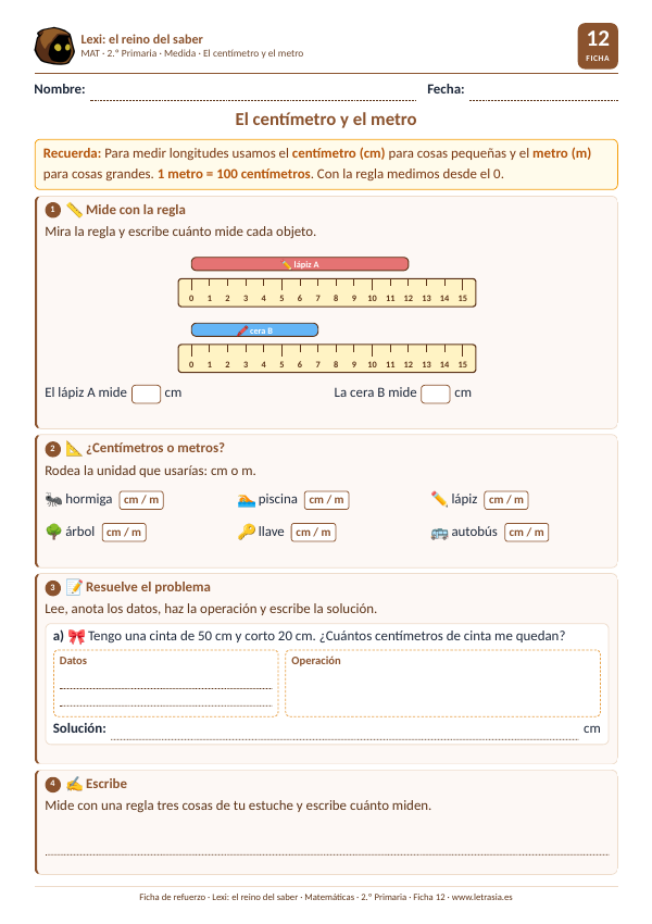 Ficha de Matemáticas de 2.º de Primaria sobre el centímetro y el metro con una regla dibujada y objetos para medir