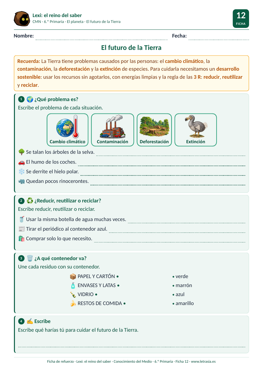 Ficha de Conocimiento del Medio de 6.º de Primaria sobre el futuro de la Tierra con tarjetas de los problemas ambientales, las 3 R y los contenedores