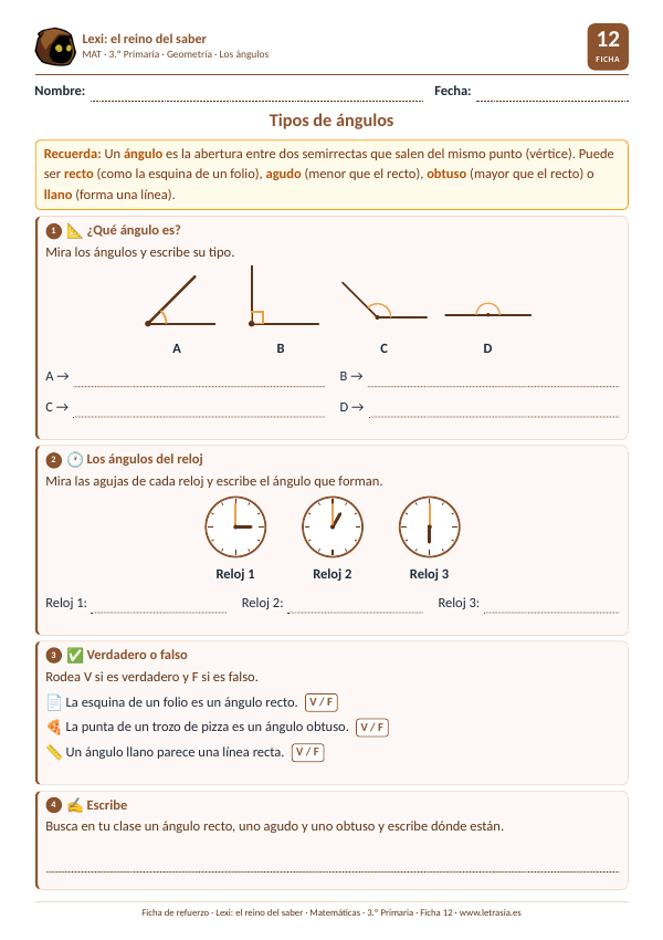 Ficha de Matemáticas de 3.º de Primaria sobre los tipos de ángulos con ángulos dibujados y relojes