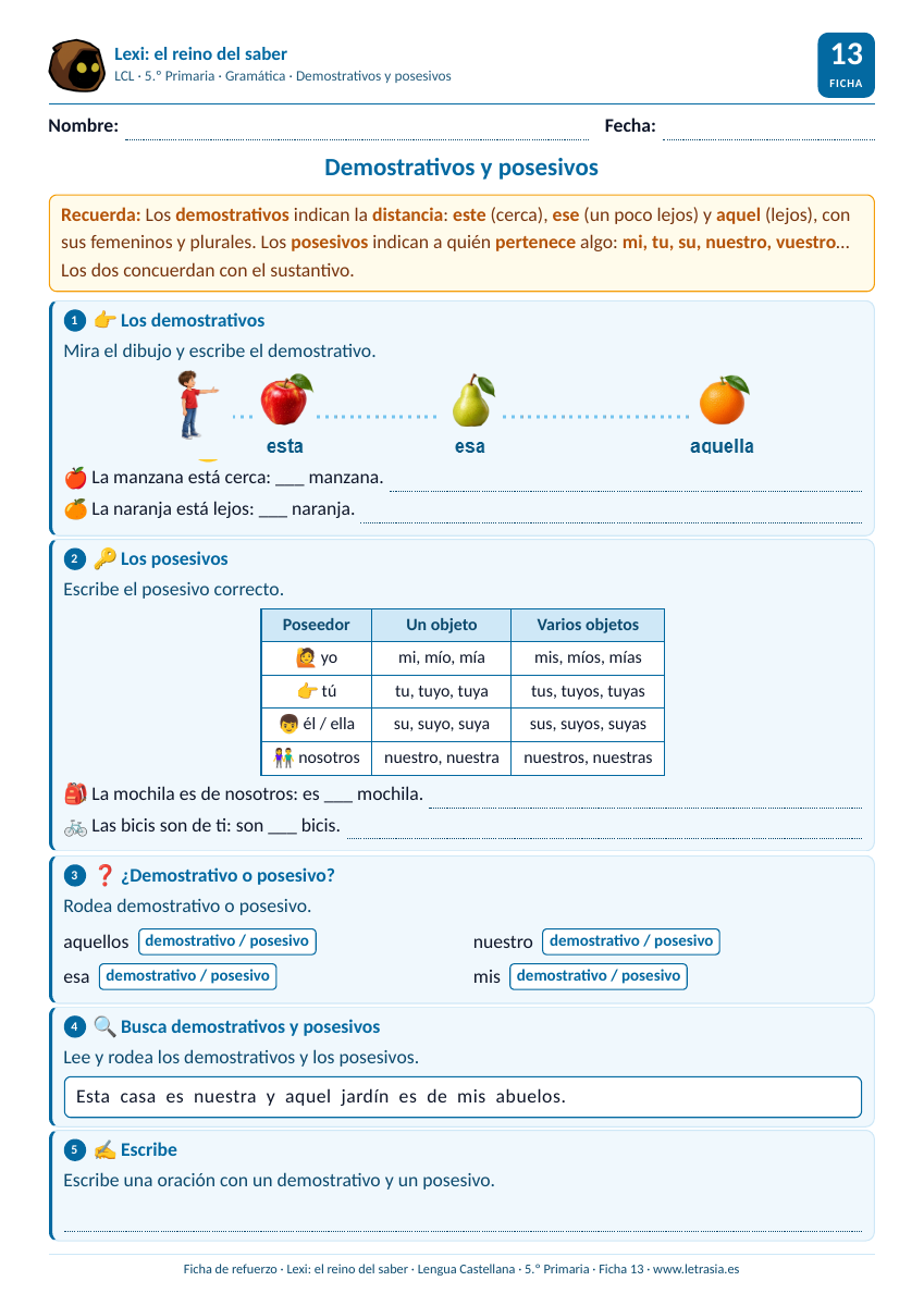 Ficha de Lengua de 5.º de Primaria sobre demostrativos y posesivos con un dibujo de frutas cerca y lejos y una tabla de posesivos
