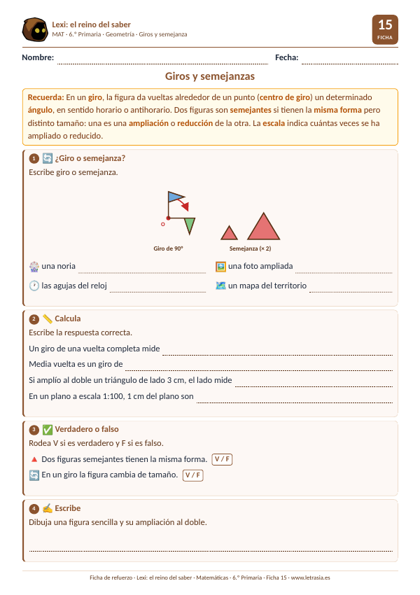 Ficha de Matemáticas de 6.º de Primaria sobre giros y semejanzas con una figura girada 90° y dos triángulos semejantes