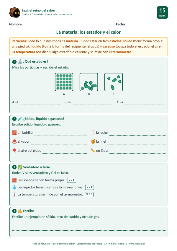 Ficha de Conocimiento del Medio de 3.º de Primaria sobre la materia y sus estados con un dibujo de las partículas de un sólido, un líquido y un gas