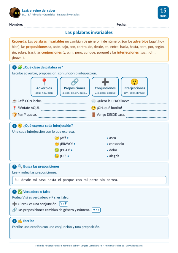Ficha de Lengua de 6.º de Primaria sobre las palabras invariables: adverbios, preposiciones, conjunciones e interjecciones, con tarjetas