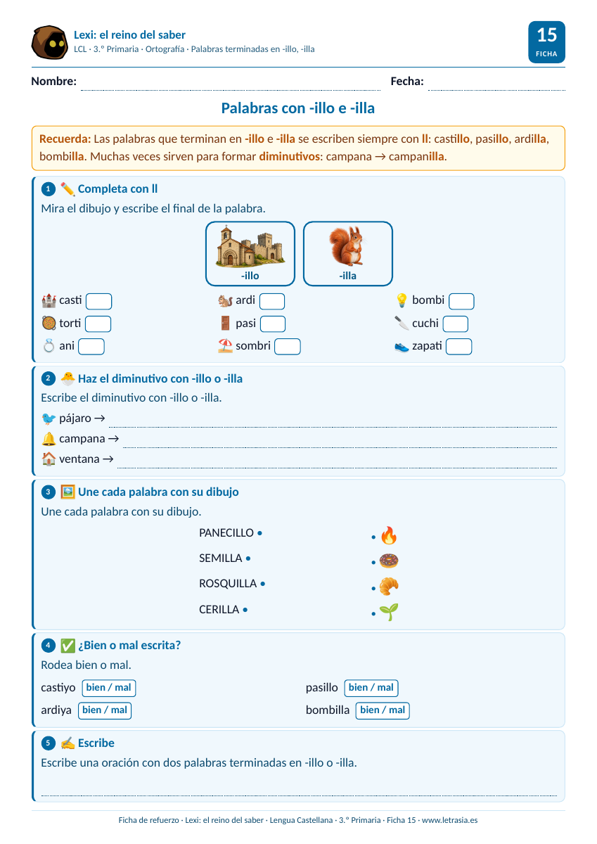 Ficha de Lengua de 3.º de Primaria sobre las palabras terminadas en -illo e -illa con tarjetas y dibujos