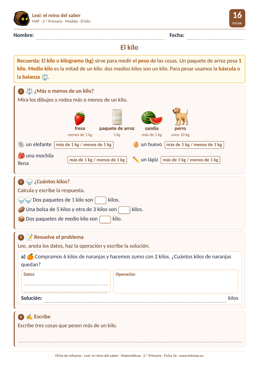 Ficha de Matemáticas de 2.º de Primaria sobre el kilo con alimentos y animales dibujados de distinto peso