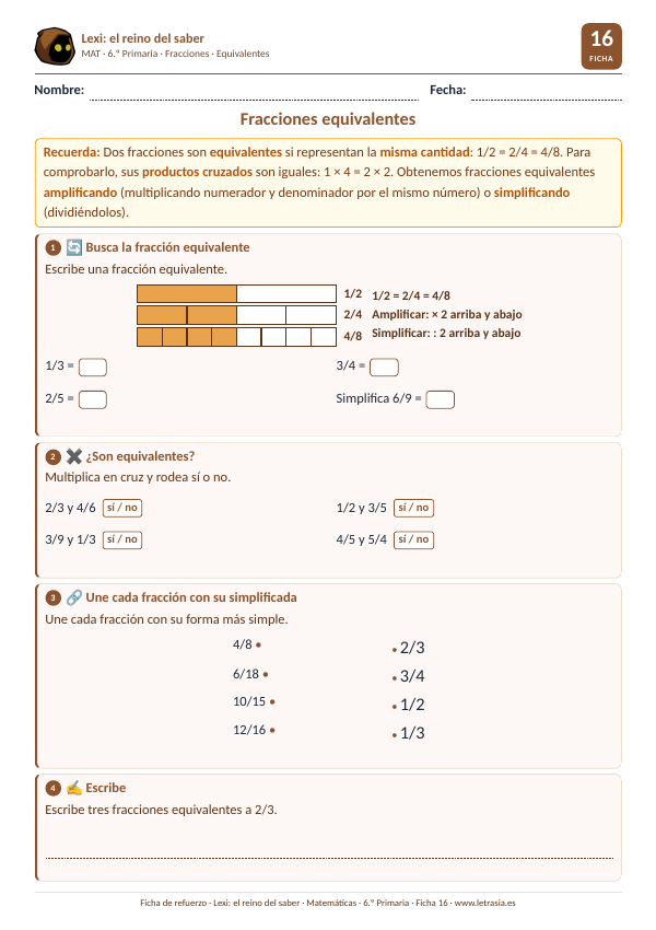 Ficha de Matemáticas de 6.º de Primaria sobre fracciones equivalentes con barras que muestran 1/2, 2/4 y 4/8