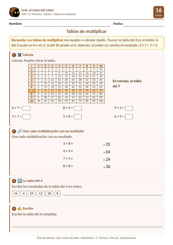 Ficha de Matemáticas de 3.º de Primaria sobre las tablas de multiplicar con la tabla pitagórica y la tabla del 7 destacada