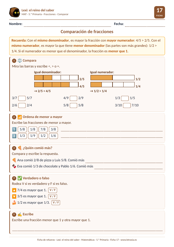 Ficha de Matemáticas de 5.º de Primaria sobre la comparación de fracciones con barras divididas y coloreadas