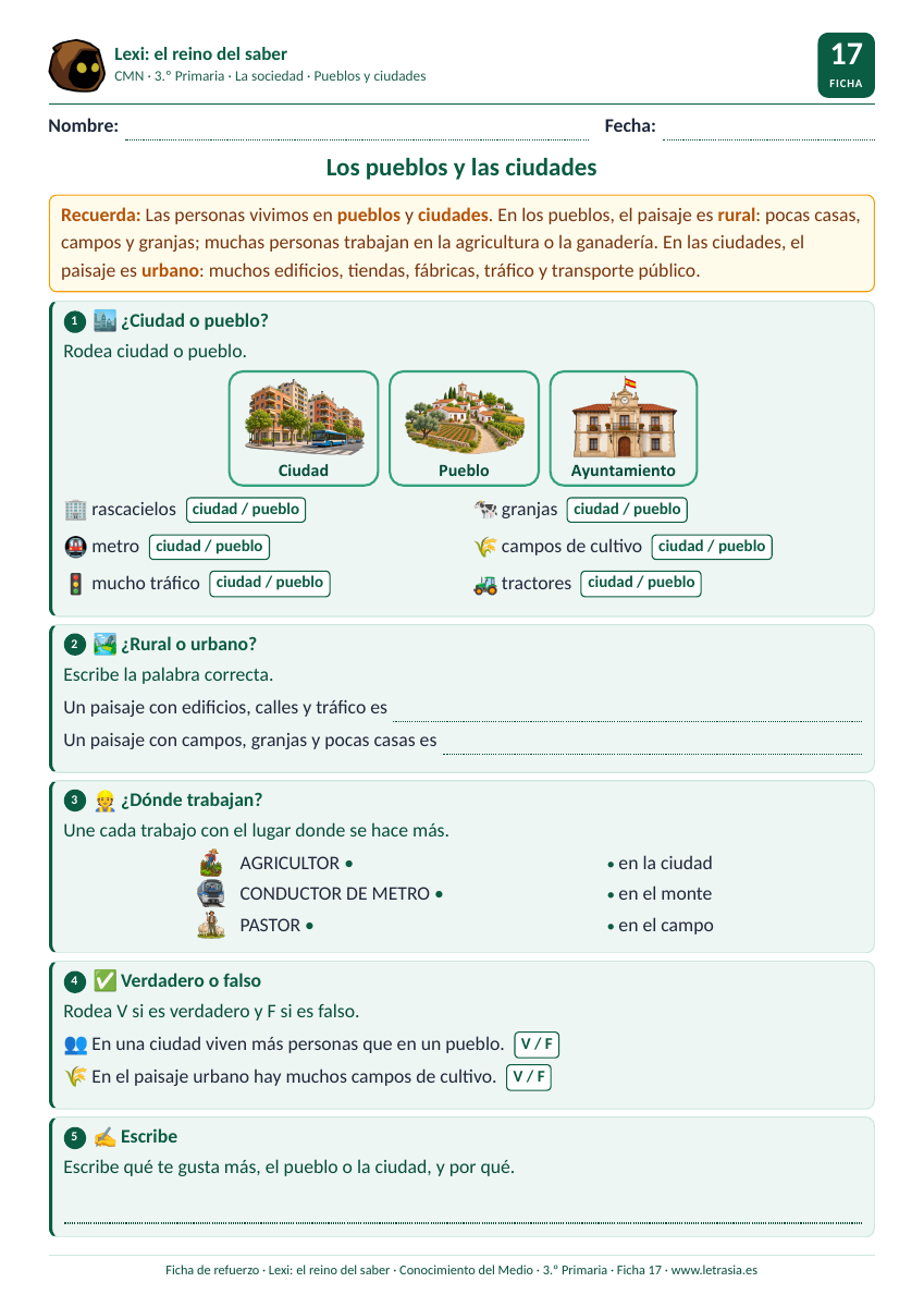 Ficha de Conocimiento del Medio de 3.º de Primaria sobre los pueblos y las ciudades con tarjetas de paisaje rural y urbano