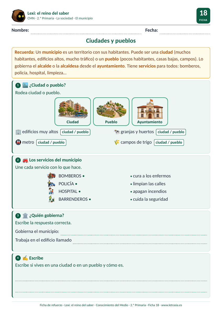 Ficha de Conocimiento del Medio de 2.º de Primaria sobre ciudades y pueblos con tarjetas ilustradas y los servicios del municipio