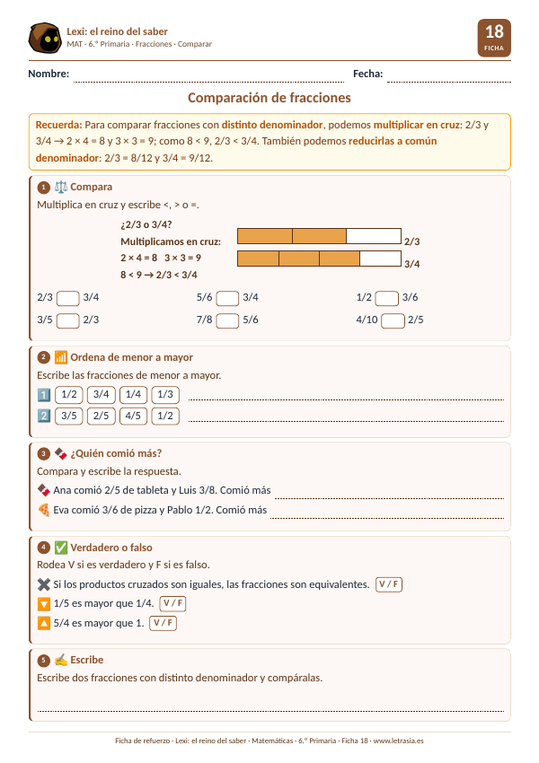 Ficha de Matemáticas de 6.º de Primaria sobre la comparación de fracciones con distinto denominador multiplicando en cruz y barras