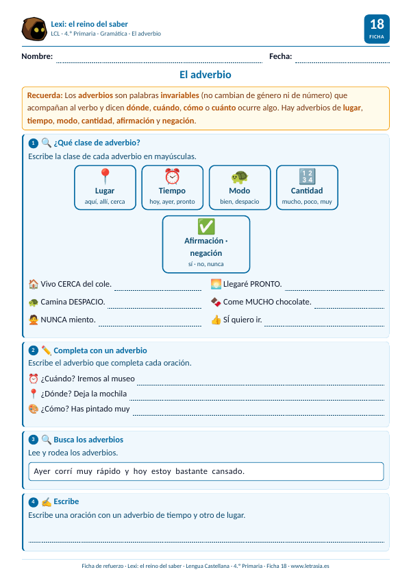 Ficha de Lengua de 4.º de Primaria sobre el adverbio con tarjetas de adverbios de lugar, tiempo, modo, cantidad, afirmación y negación