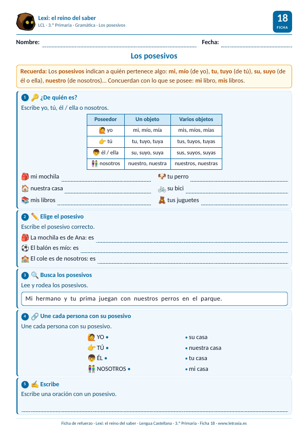 Ficha de Lengua de 3.º de Primaria sobre los posesivos con una tabla de poseedores y dibujos