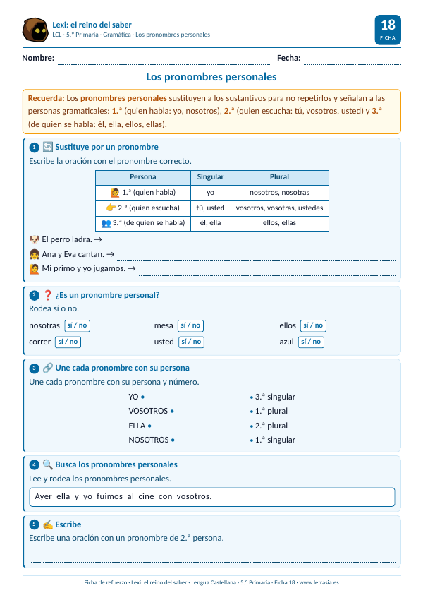 Ficha de Lengua de 5.º de Primaria sobre los pronombres personales con una tabla de personas y números