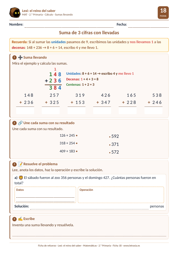 Ficha de Matemáticas de 2.º de Primaria sobre sumas de tres cifras llevando con un ejemplo de colores y la llevada en rojo