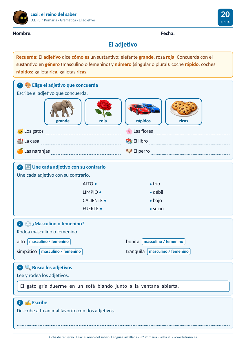 Ficha de Lengua de 3.º de Primaria sobre el adjetivo y su concordancia con tarjetas y dibujos