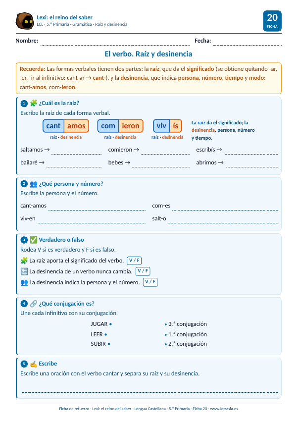 Ficha de Lengua de 5.º de Primaria sobre la raíz y la desinencia del verbo con ejemplos de colores
