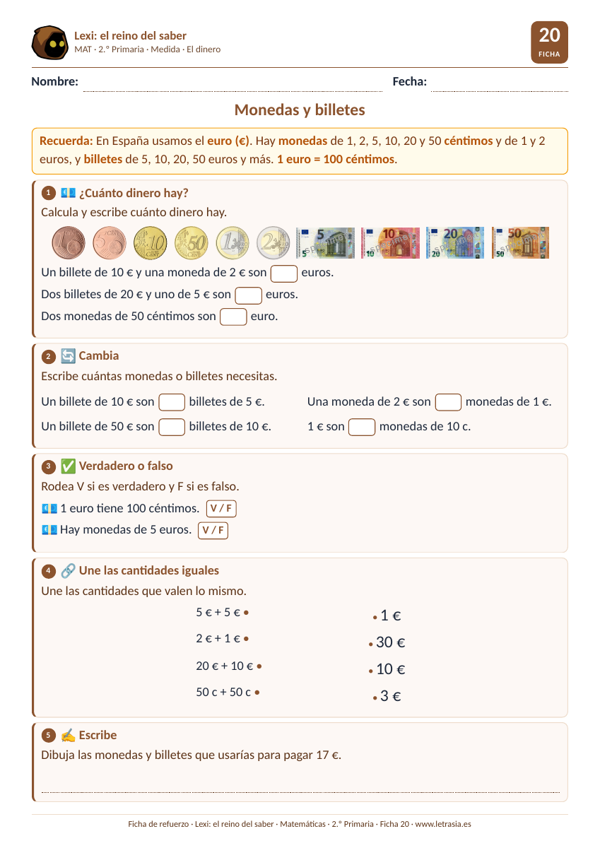 Ficha de Matemáticas de 2.º de Primaria sobre las monedas y billetes de euro, con imágenes reales