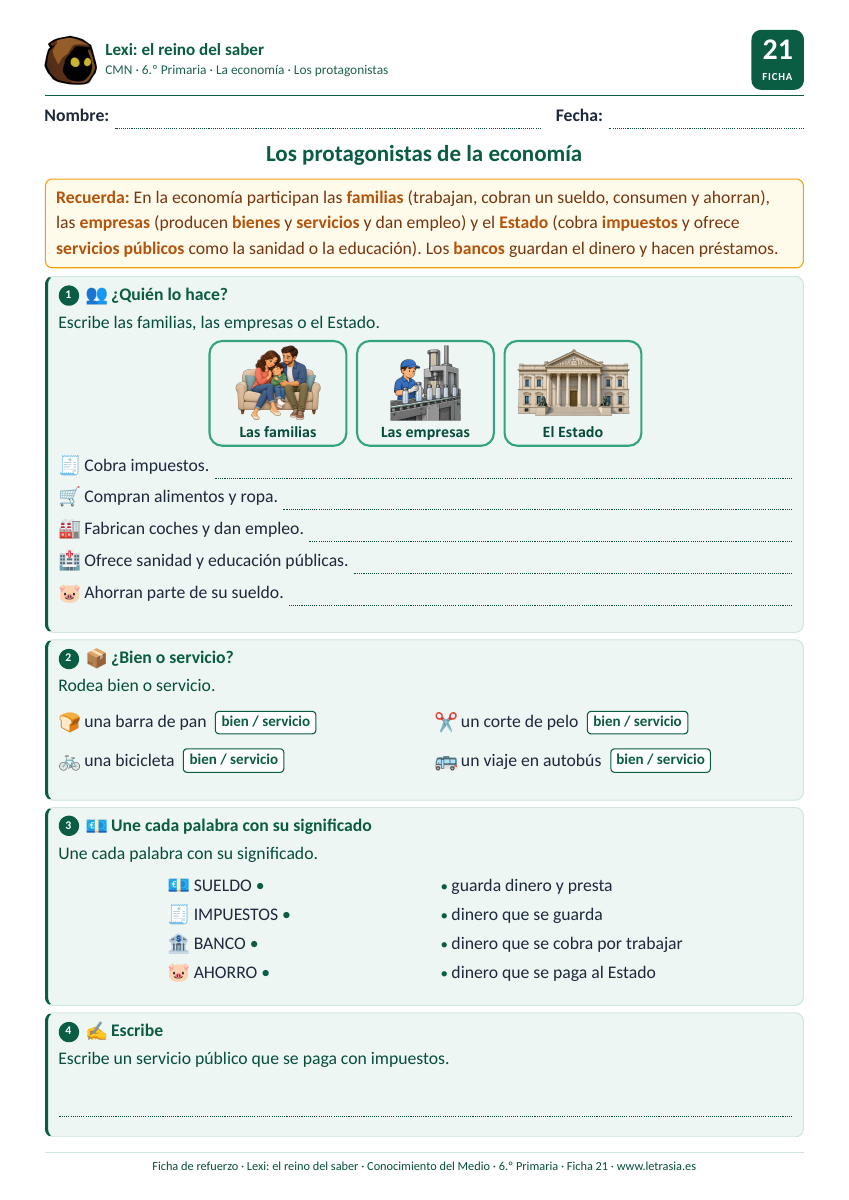 Ficha de Conocimiento del Medio de 6.º de Primaria sobre los protagonistas de la economía con tarjetas de las familias, las empresas y el Estado