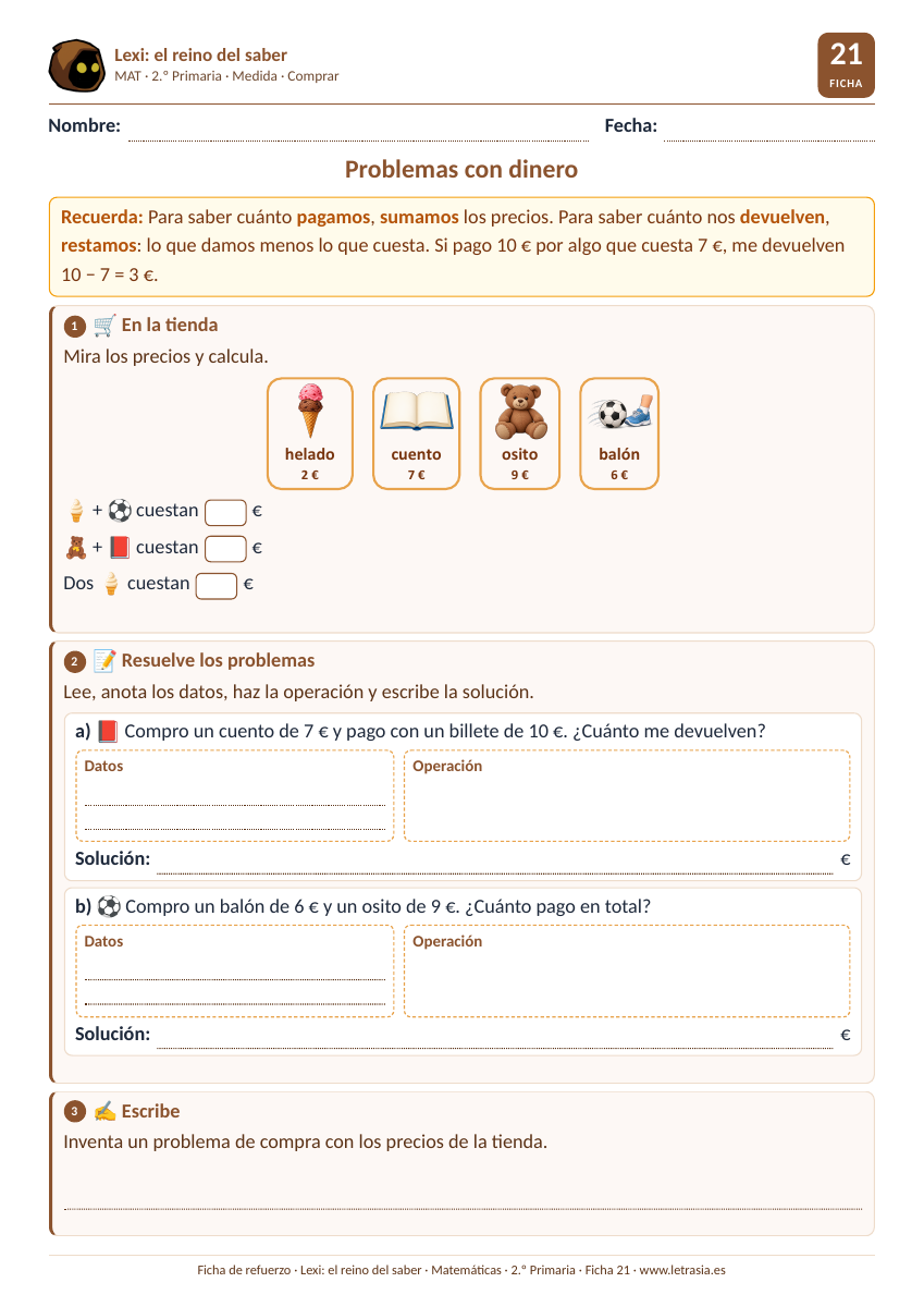 Ficha de Matemáticas de 2.º de Primaria sobre problemas con dinero con los precios de una tienda de juguetes