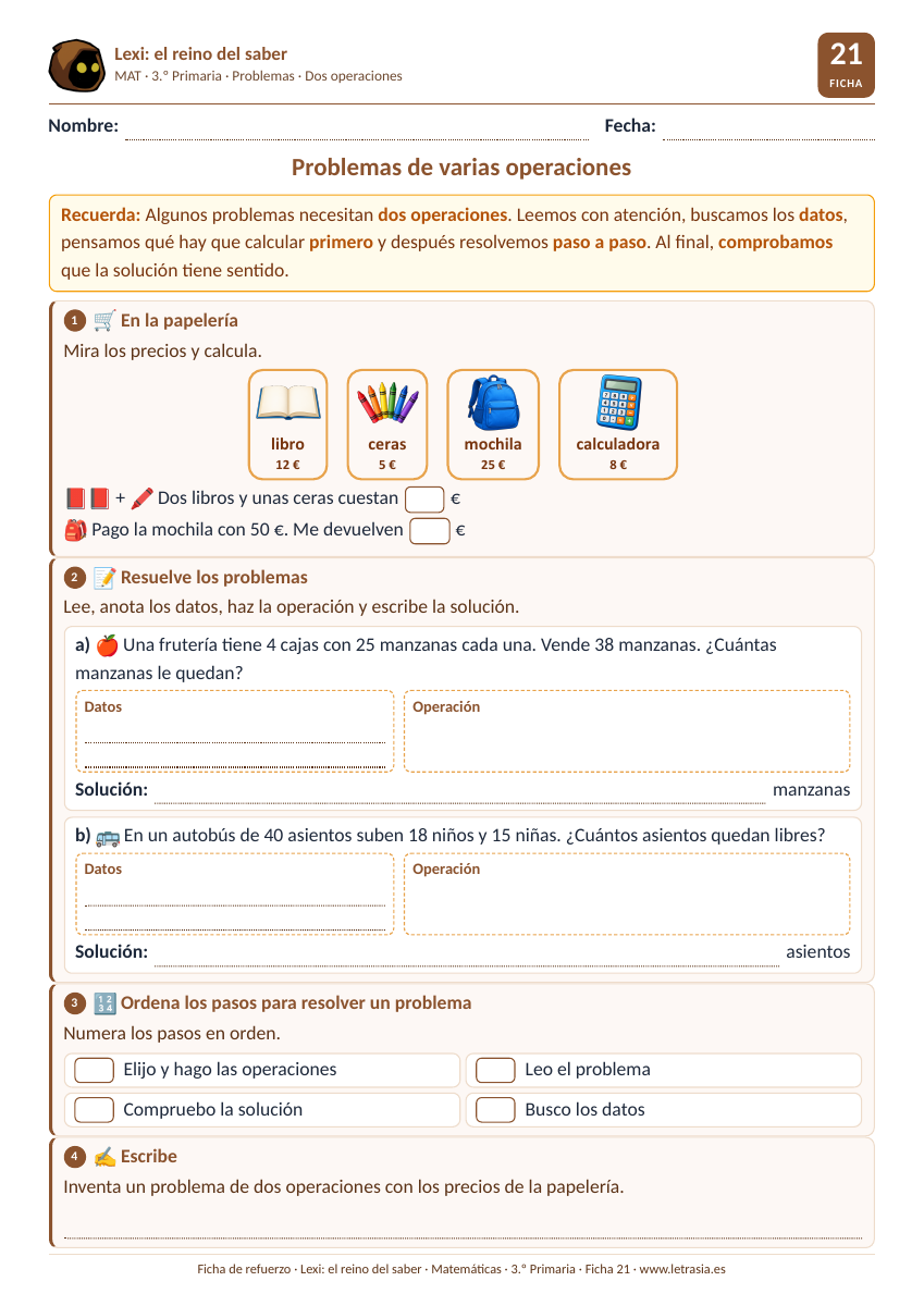 Ficha de Matemáticas de 3.º de Primaria sobre problemas de dos operaciones con los precios de una papelería