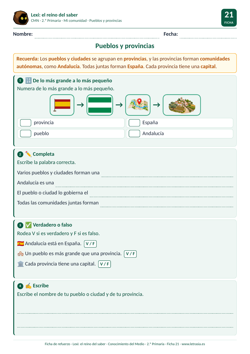 Ficha de Conocimiento del Medio de 2.º de Primaria sobre pueblos y provincias con una cadena de España, Andalucía, provincia y pueblo