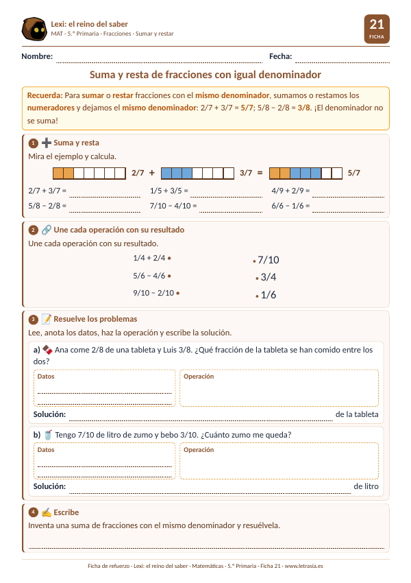 Ficha de Matemáticas de 5.º de Primaria sobre la suma y la resta de fracciones con igual denominador con barras de colores
