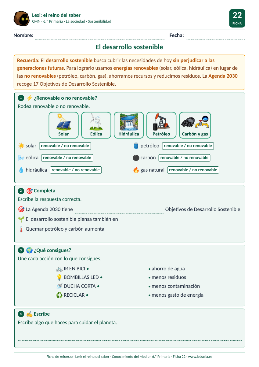 Ficha de Conocimiento del Medio de 6.º de Primaria sobre el desarrollo sostenible con tarjetas de energías renovables y no renovables