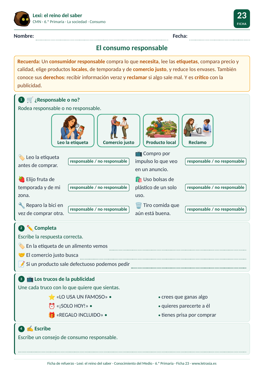 Ficha de Conocimiento del Medio de 6.º de Primaria sobre el consumo responsable con tarjetas de etiquetas, comercio justo, productos locales y reclamaciones