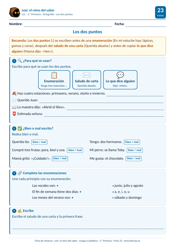 Ficha de Lengua de 3.º de Primaria sobre los dos puntos en enumeraciones, cartas y diálogos con tarjetas
