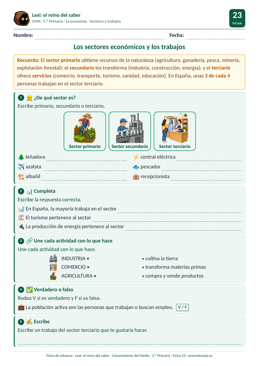 Ficha de Conocimiento del Medio de 5.º de Primaria sobre los sectores económicos y los trabajos con tarjetas de los sectores primario, secundario y terciario