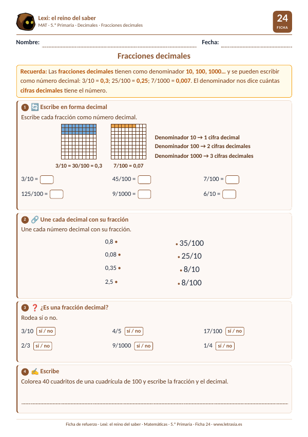 Ficha de Matemáticas de 5.º de Primaria sobre las fracciones decimales con cuadrículas de 100 coloreadas