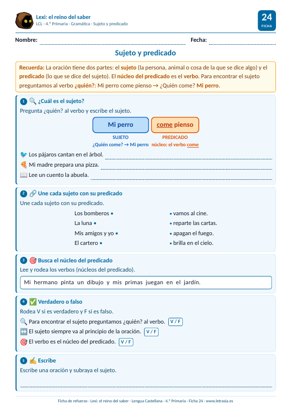 Ficha de Lengua de 4.º de Primaria sobre el sujeto y el predicado con un ejemplo de colores